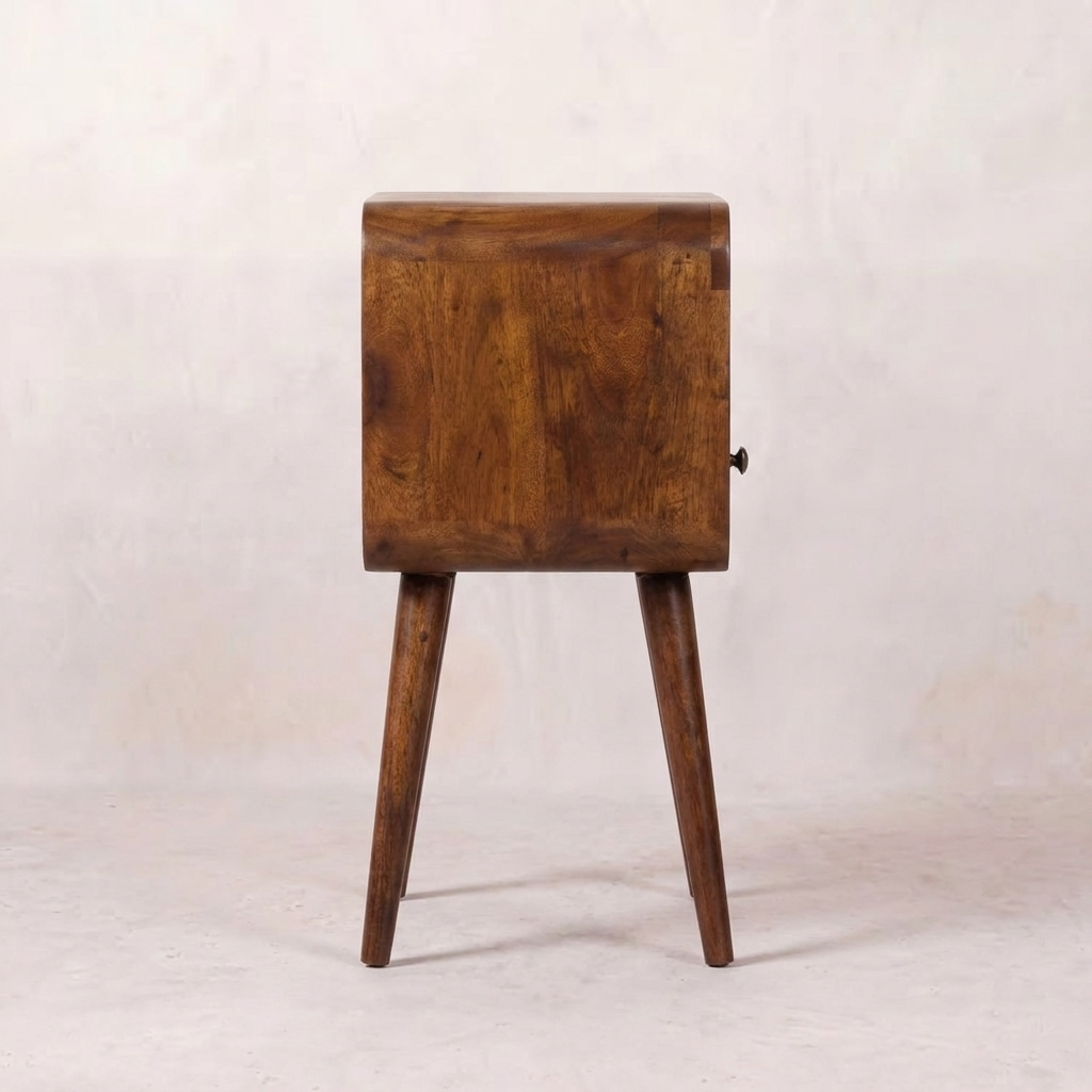 Mini Chestnut Curved Nightstand — Solid Mango Wood Bedside Table with Drawer & Open Shelf