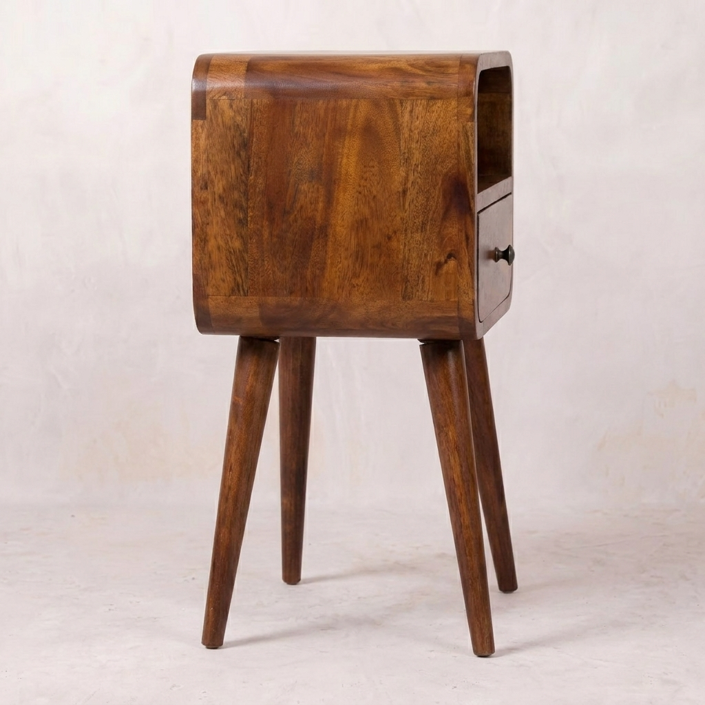 Mini Chestnut Curved Nightstand — Solid Mango Wood Bedside Table with Drawer & Open Shelf