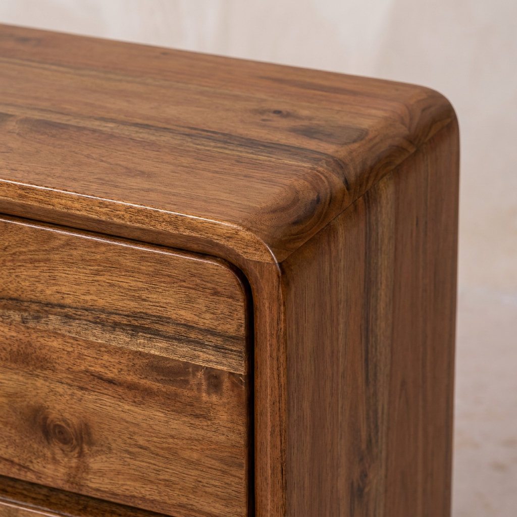 Mini Chestnut Curved Nightstand — Solid Mango Wood Bedside Table with Drawer & Open Shelf