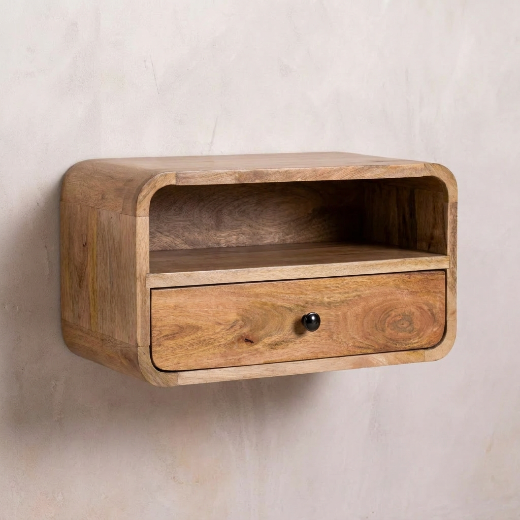 Large Floating Nightstand — Solid Mango Wood, Oak-ish Finish