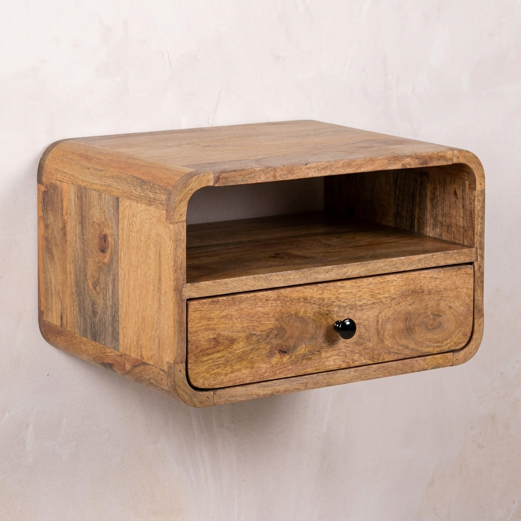 Large Floating Nightstand — Solid Mango Wood, Oak-ish Finish