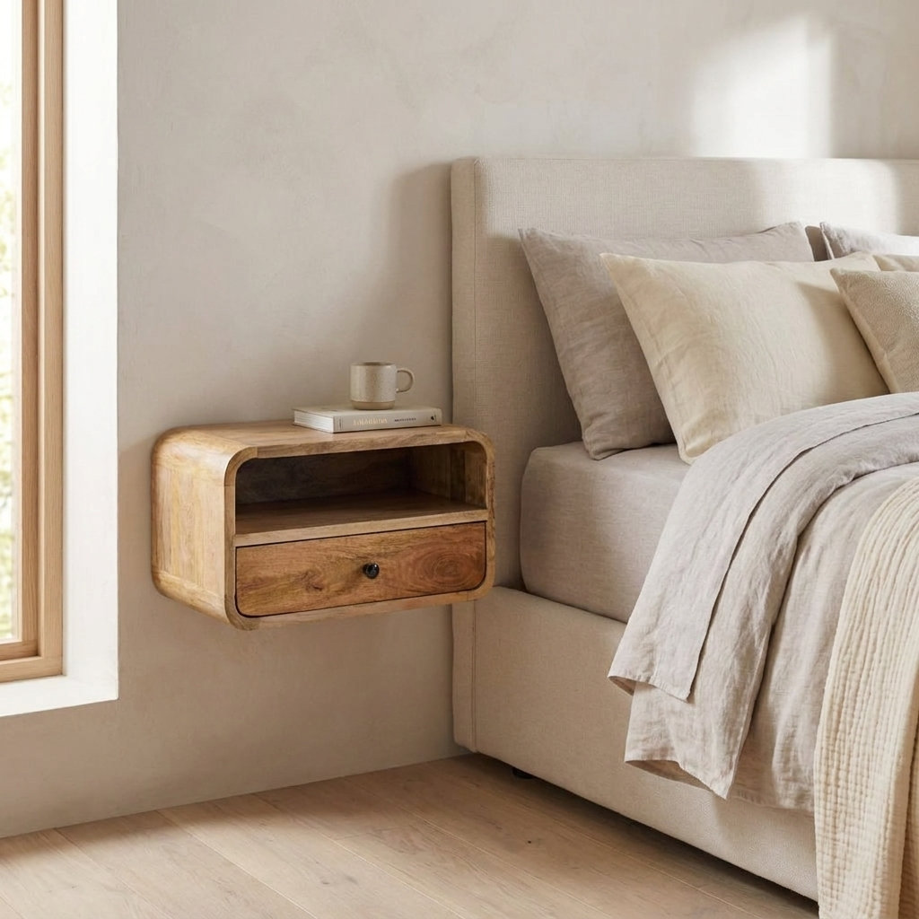 Large Floating Nightstand — Solid Mango Wood, Oak-ish Finish
