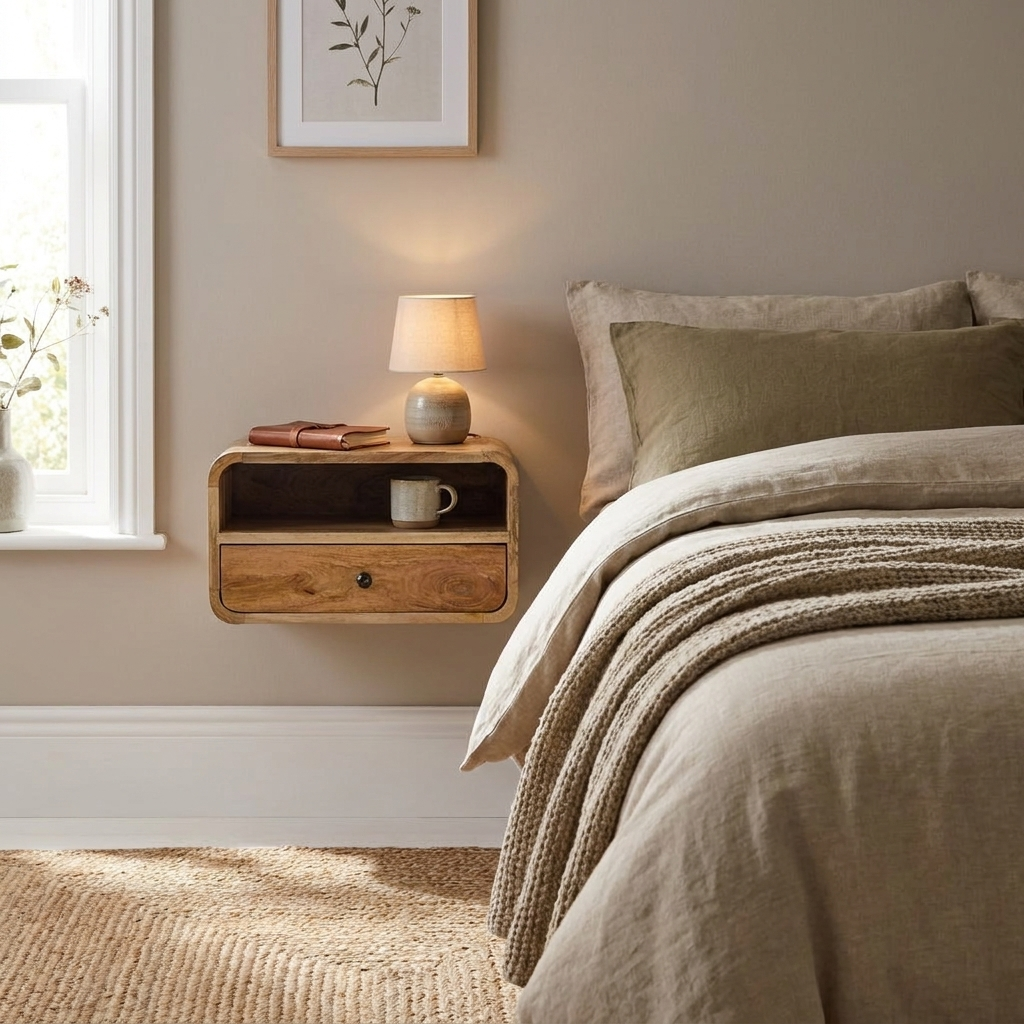 Large Floating Nightstand — Solid Mango Wood, Oak-ish Finish