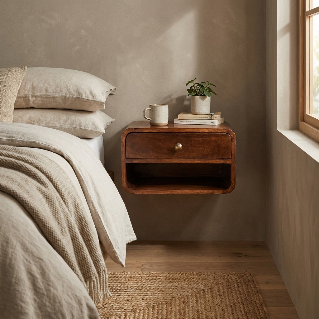 Floating Nightstand — Solid Mango Wood, California Walnut Finish