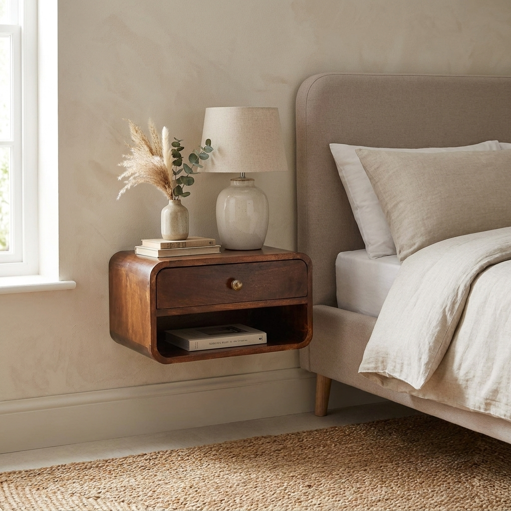 Floating Nightstand — Solid Mango Wood, California Walnut Finish