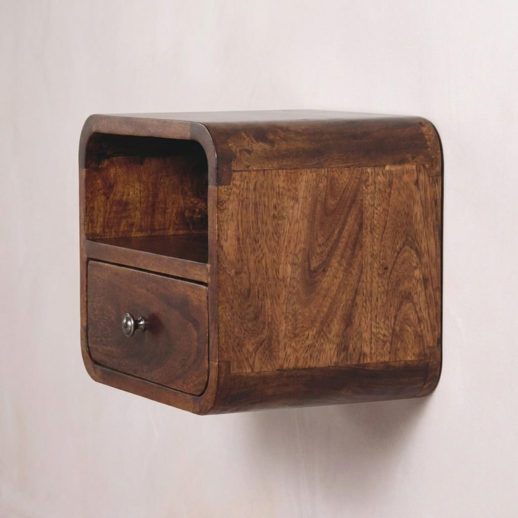 Extra Mini Wall Mounted Curved Chestnut Bedside with Open Slot