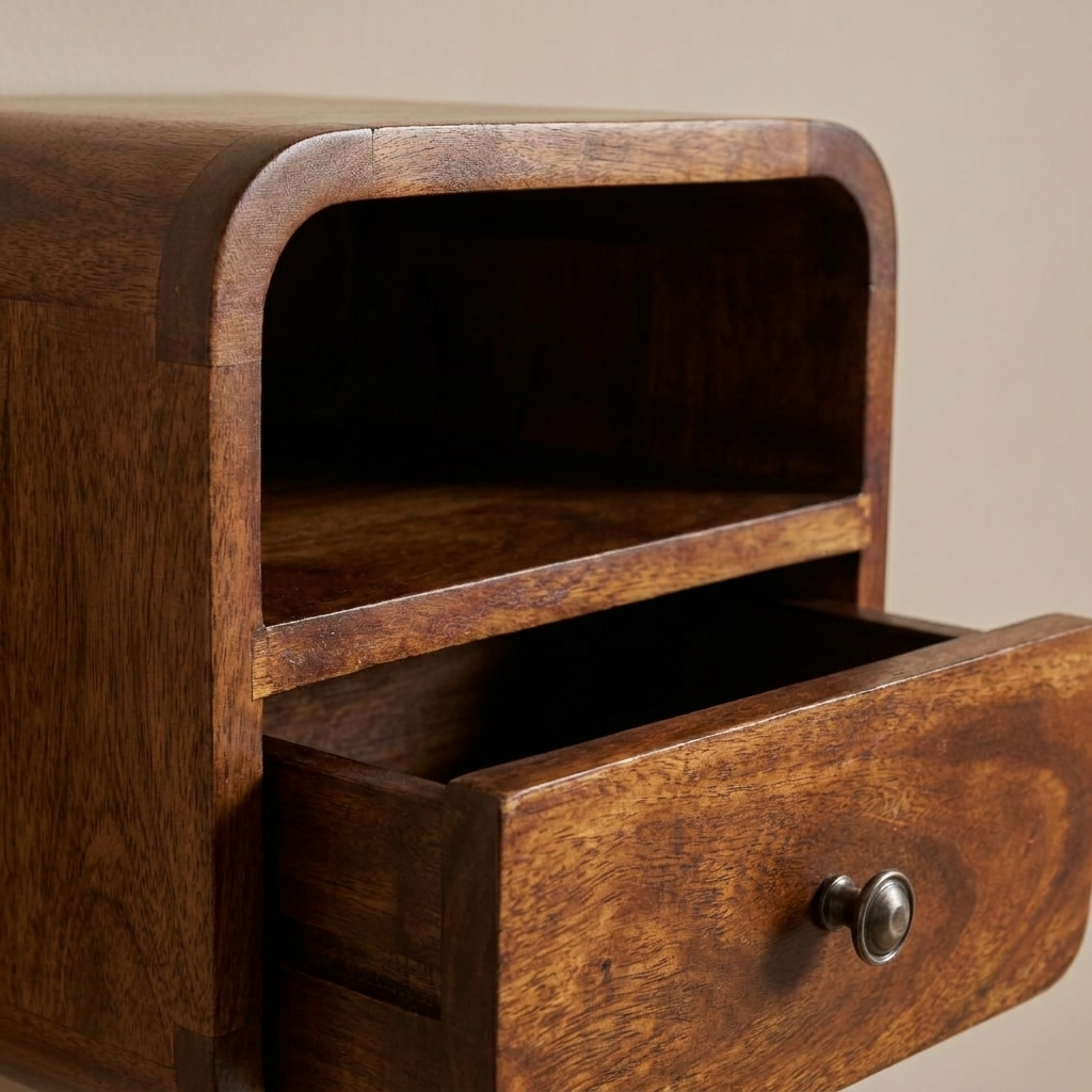 Extra Mini Wall Mounted Curved Chestnut Bedside with Open Slot