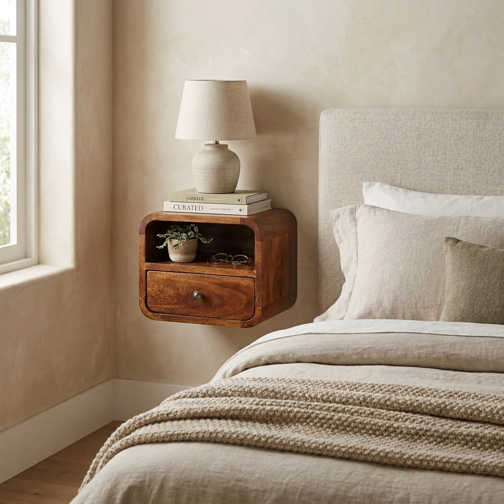 Extra Mini Wall Mounted Curved Chestnut Bedside with Open Slot