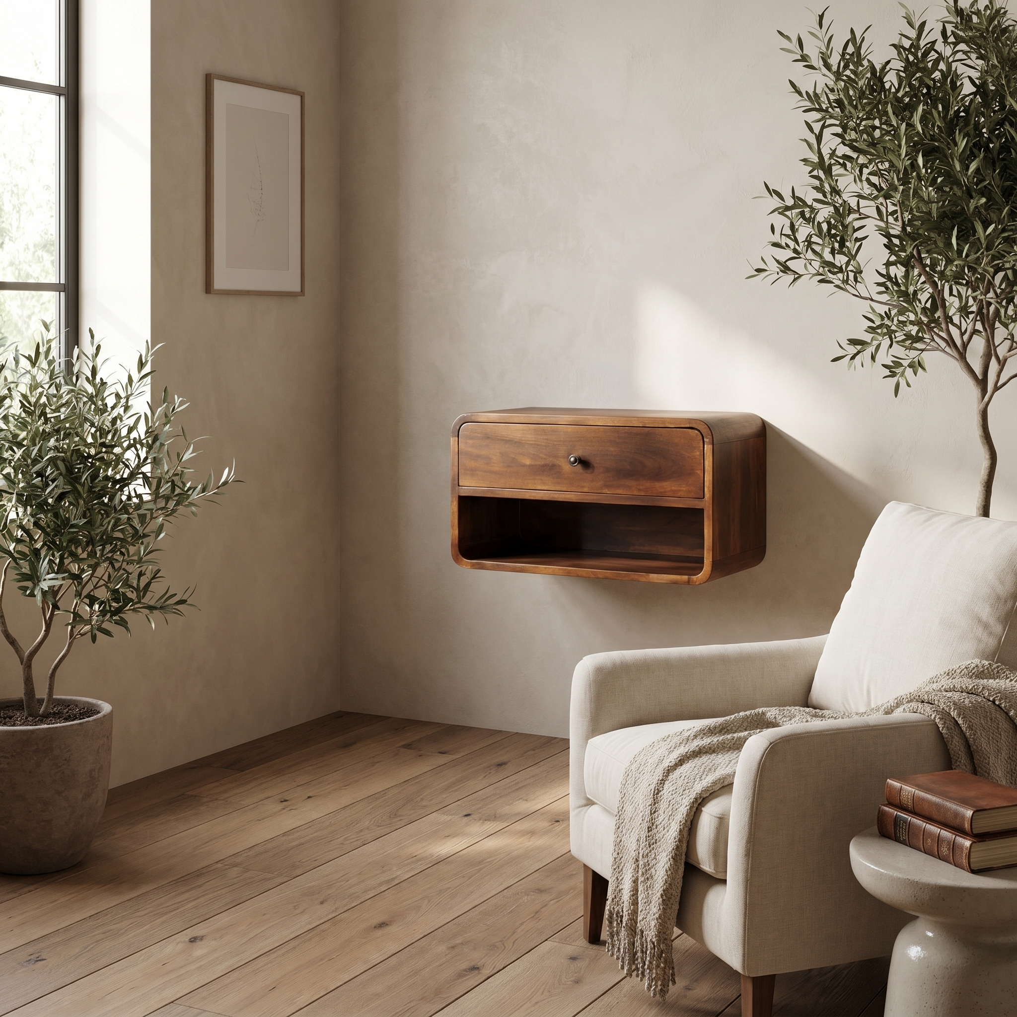 Large Chestnut Curve Floating Bedside