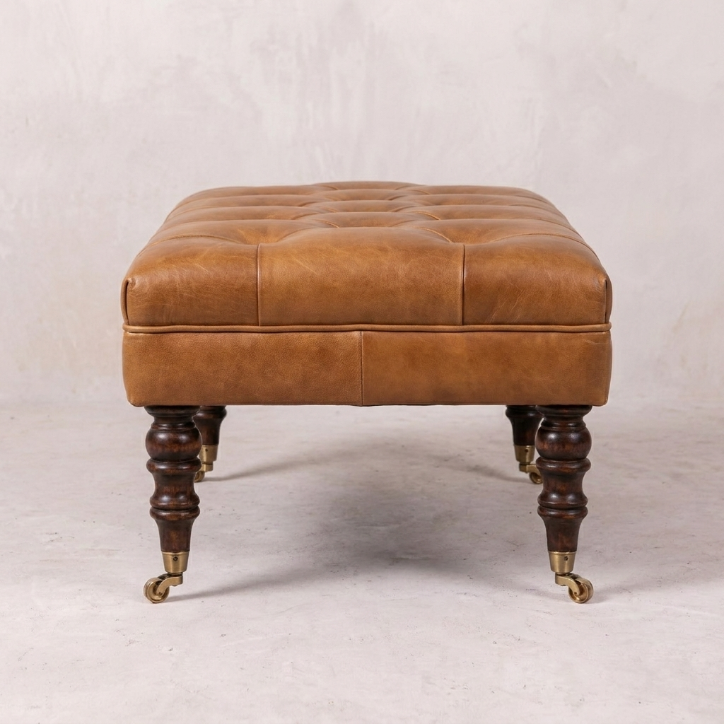 California Walnut Buffalo Brown Leather Ottoman with Castor Legs