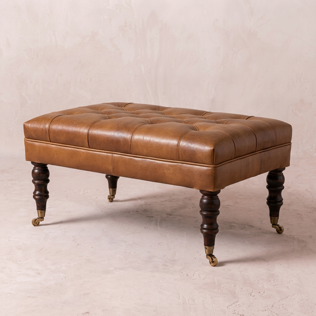California Walnut Buffalo Brown Leather Ottoman with Castor Legs