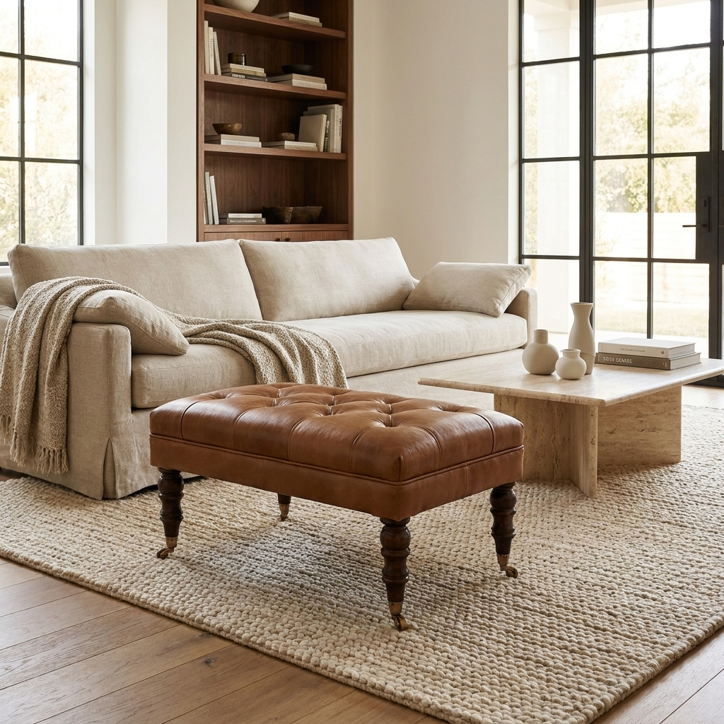 California Walnut Buffalo Brown Leather Ottoman with Castor Legs