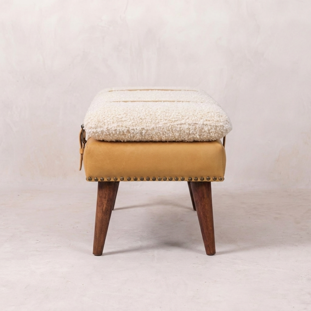 Boucle x Tan Leather Bench