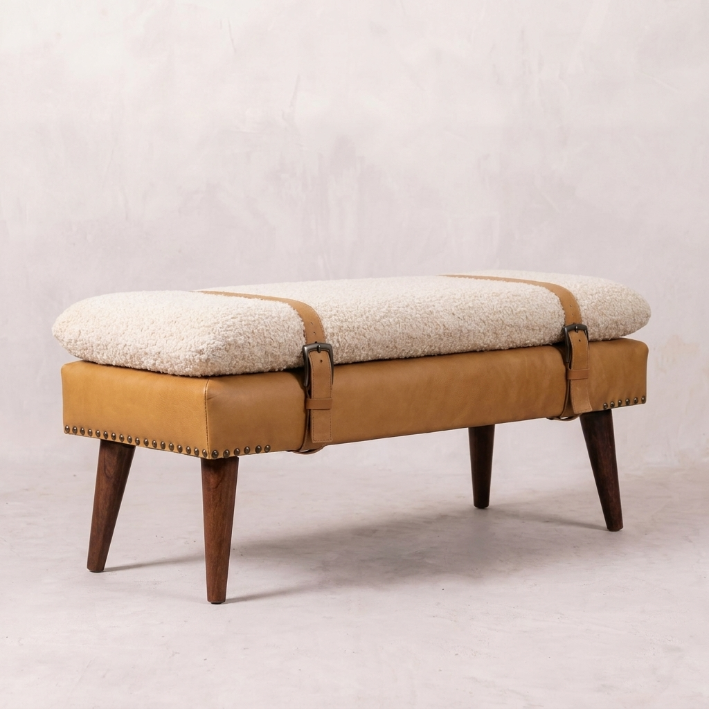Boucle x Tan Leather Bench