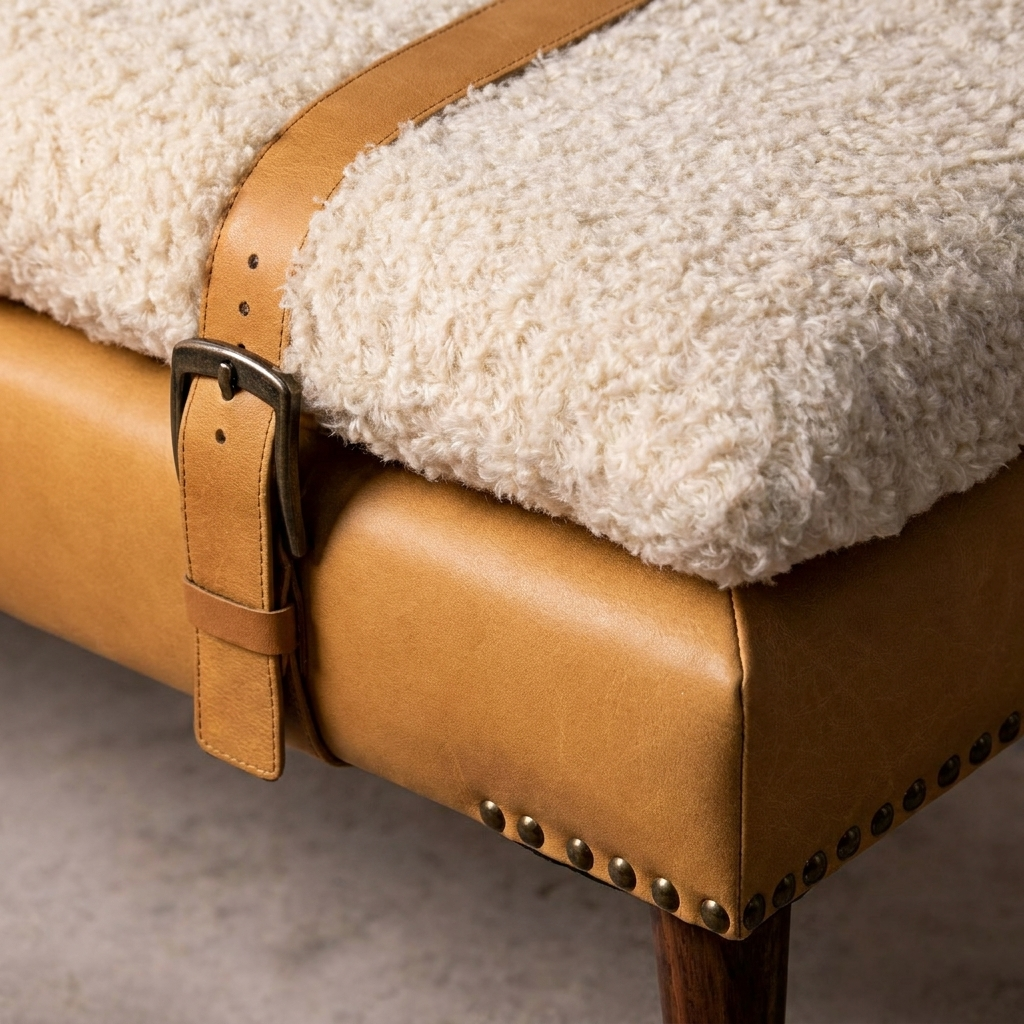 Boucle x Tan Leather Bench