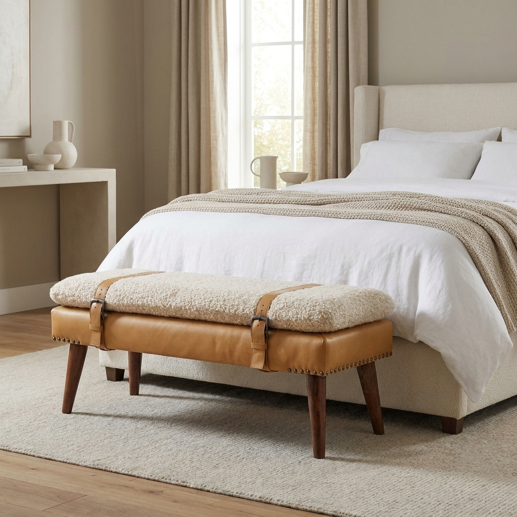 Boucle x Tan Leather Bench
