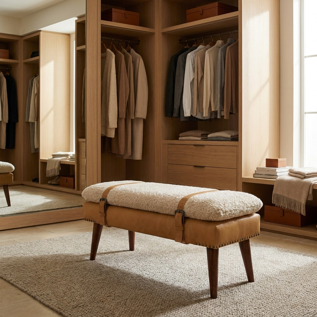 Boucle x Tan Leather Bench