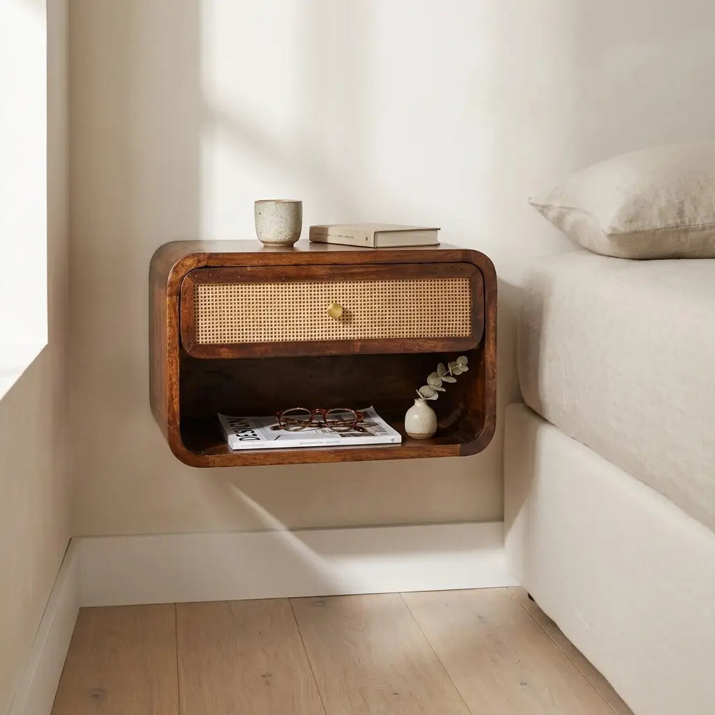 Chestnut Solid Wood Wall Mounted Woven Nightstand