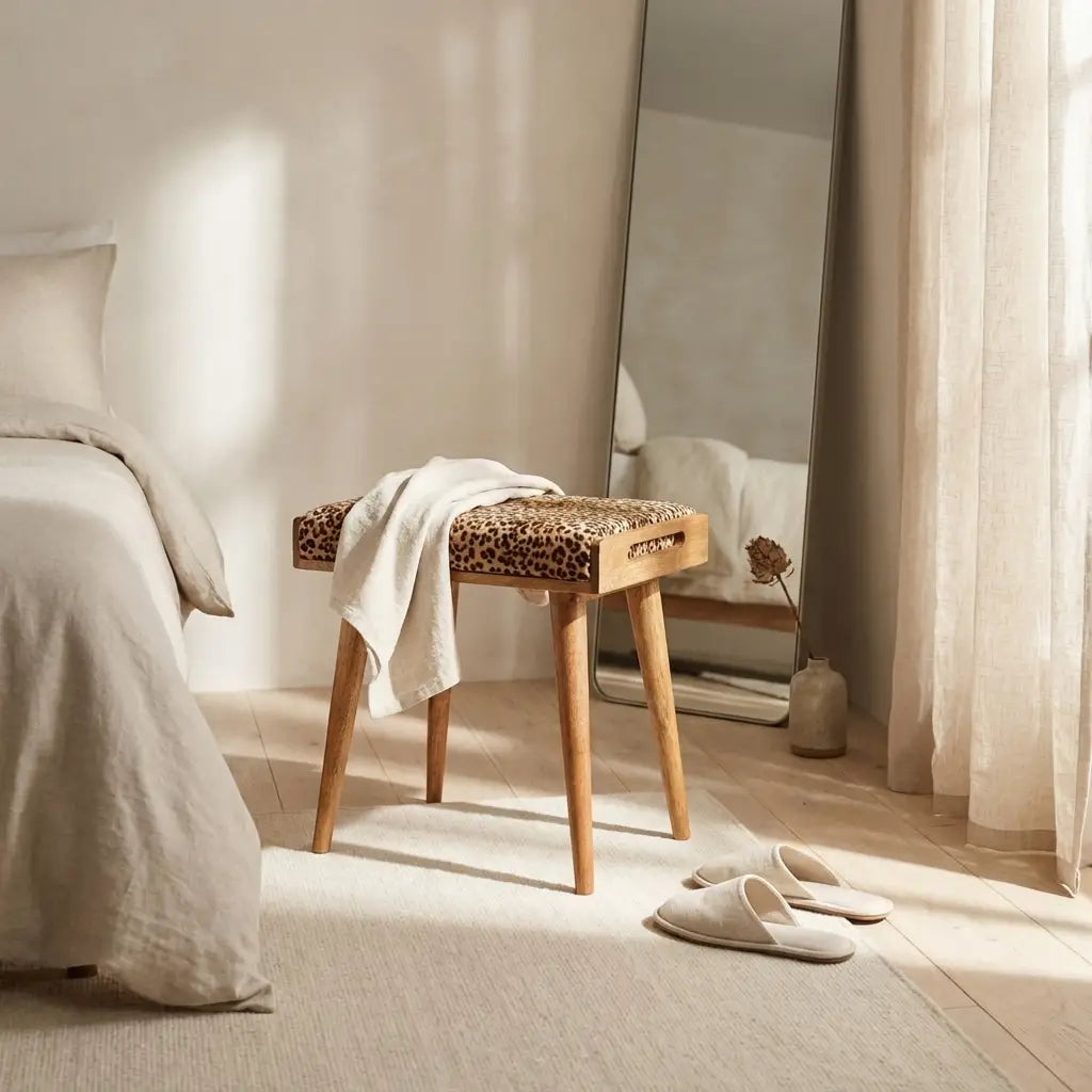 Oak-Ish Solid Wood Leopard Velvet Footstool