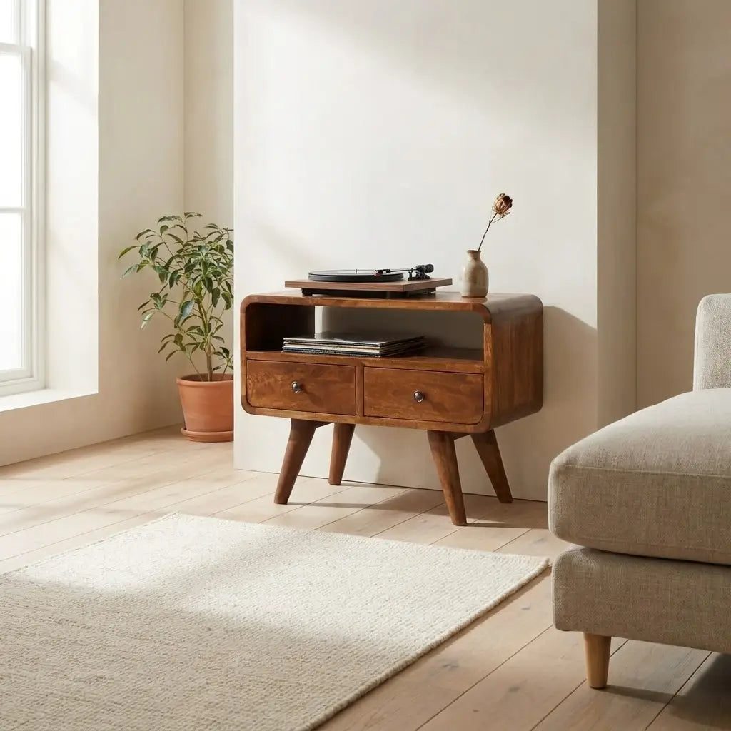 Chestnut Mini Solid Wood Curved Media Unit with 2 Drawers