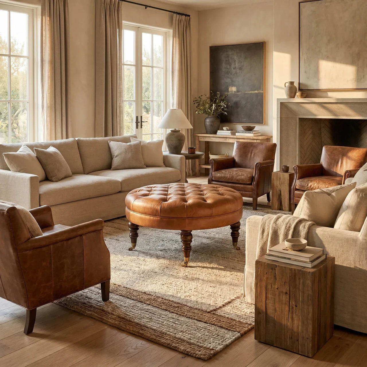 Brown Buffalo Leather Round Ottoman with Castor Legs
