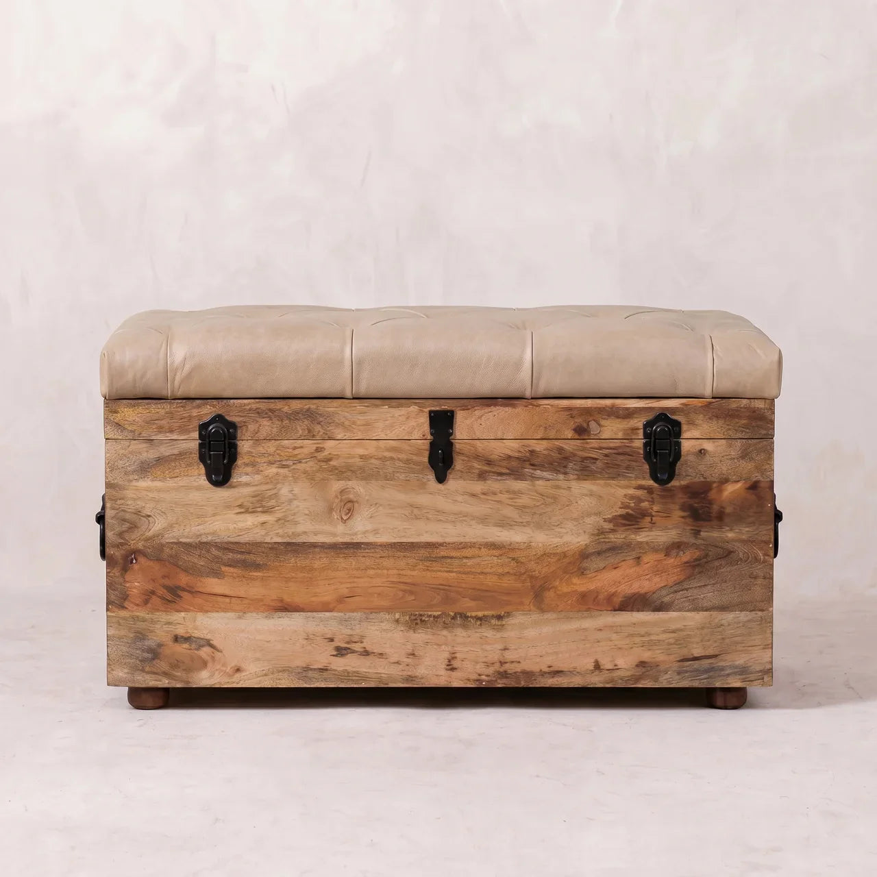 Beige Buffalo Leather Storage Trunk in Solid Mango Wood