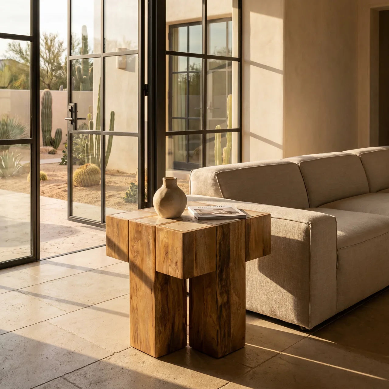 Travertine Top Block Side Table