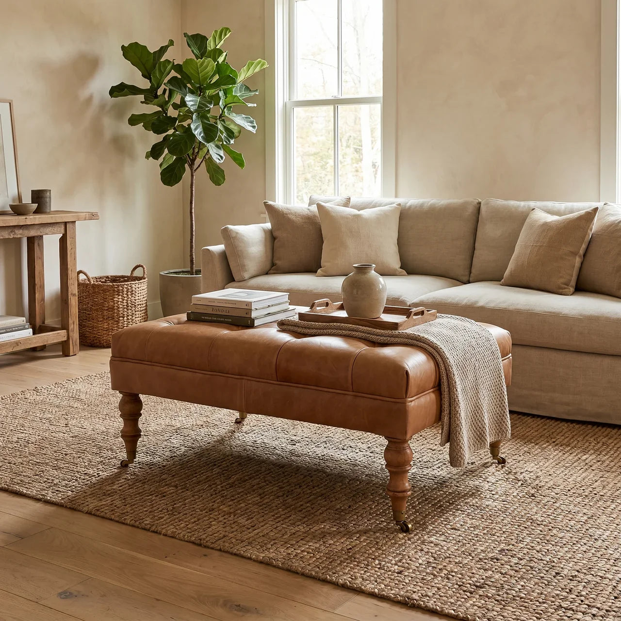 Tan Buffalo Leather Ottoman with Castor Legs — Solid Mango Wood