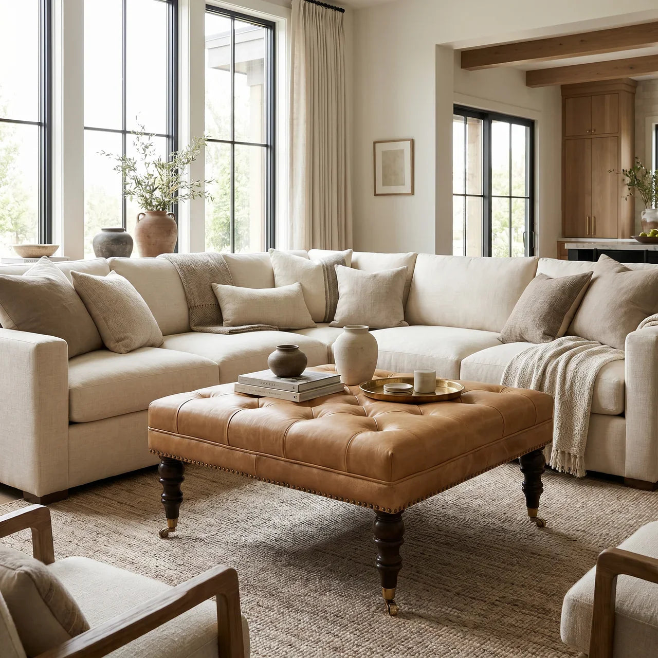 Tan Leather Upholstered Coffee Table