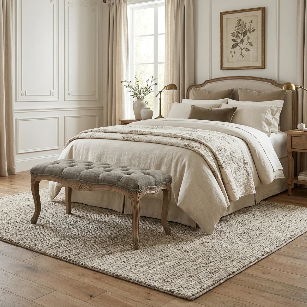 Multi Tweed Carved Bedroom Bench