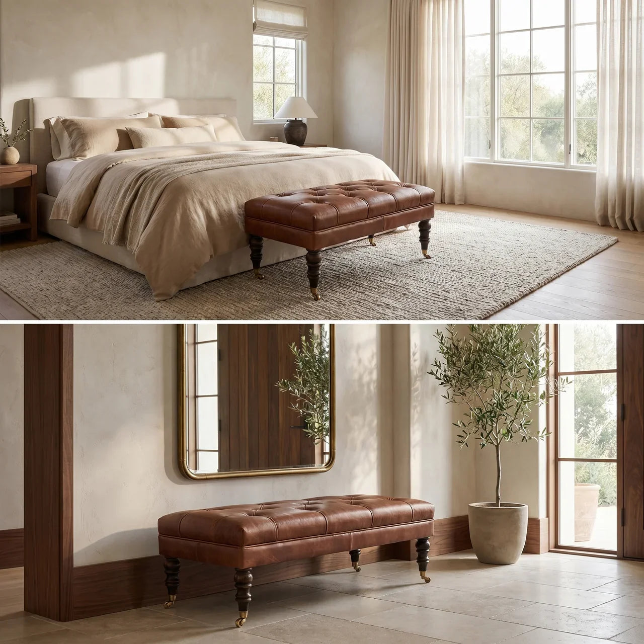 Buffalo Brown Leather Ottoman with Castor Legs