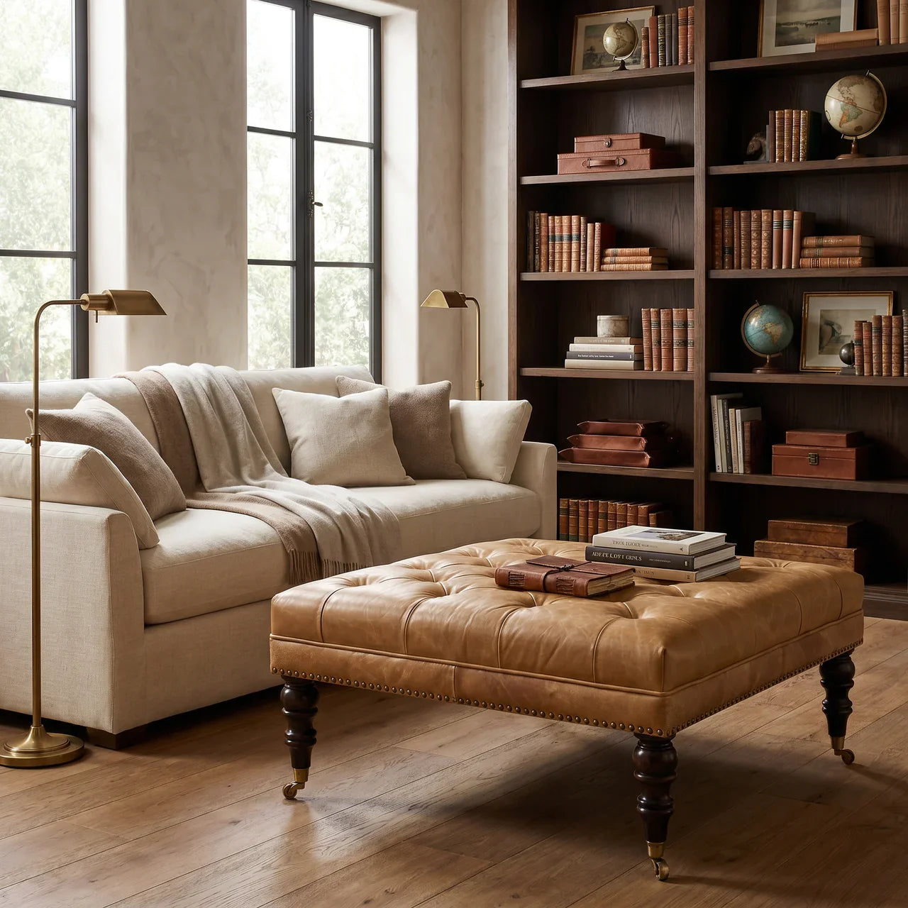 Tan Leather Upholstered Coffee Table