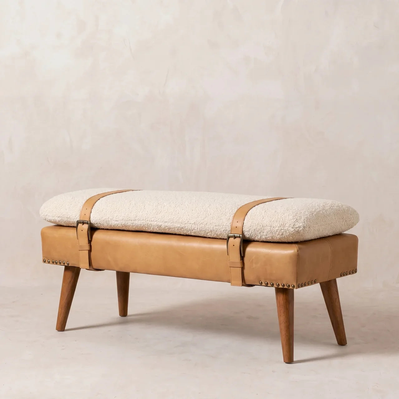 Bouclé Buffalo Hide Tan Leather Bench