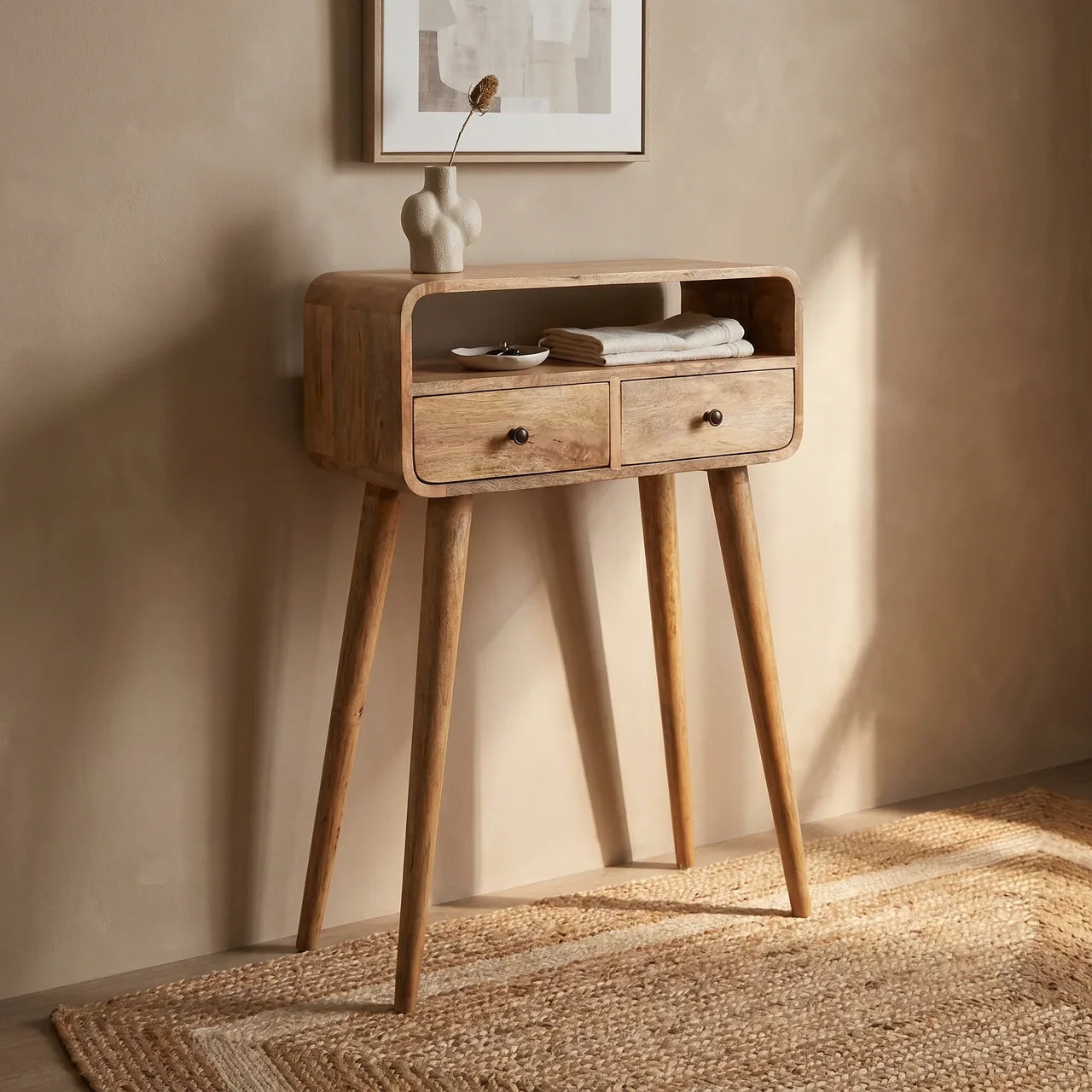 Mini Curved Oak-ish Console Table