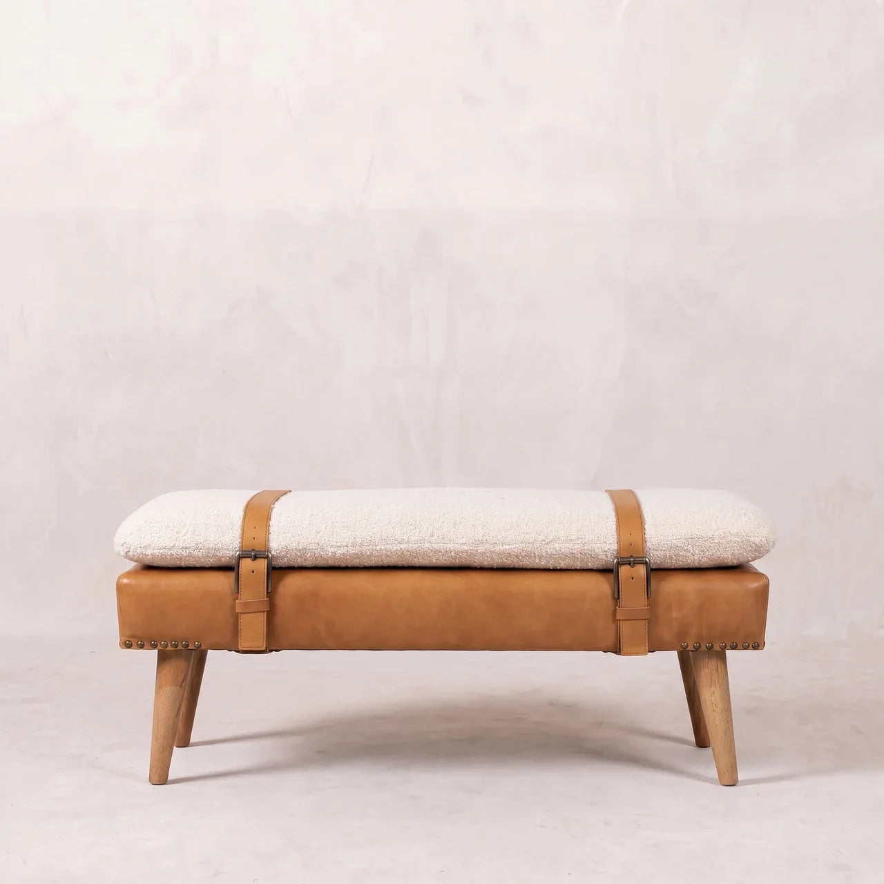 Bouclé Buffalo Hide Tan Leather Bench