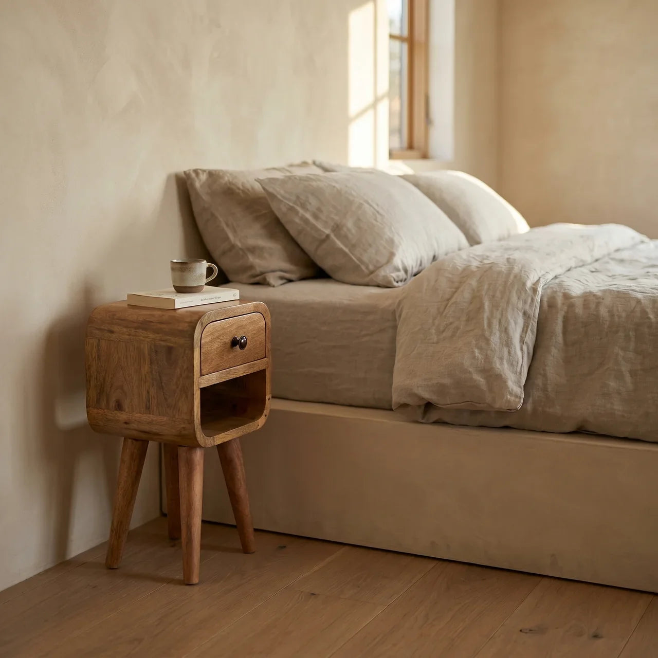 Extra Mini Oak-ish Mango Wood Bedside Table with Drawer