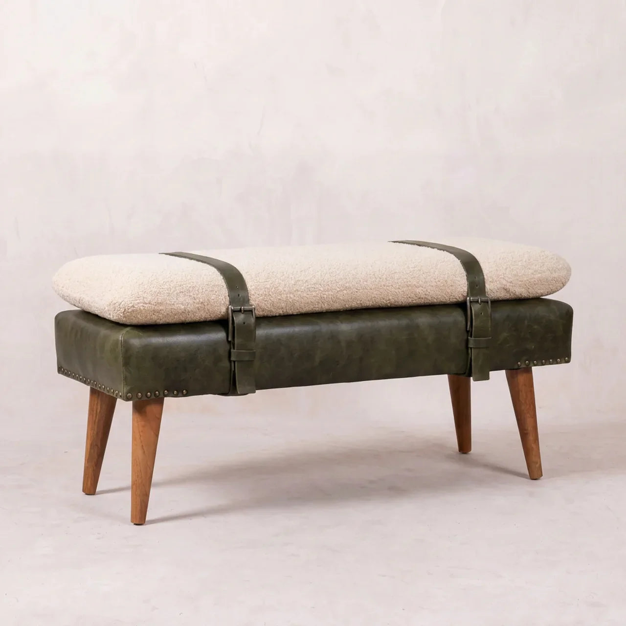 Bouclé Buffalo Hide Olive Green Leather Bench