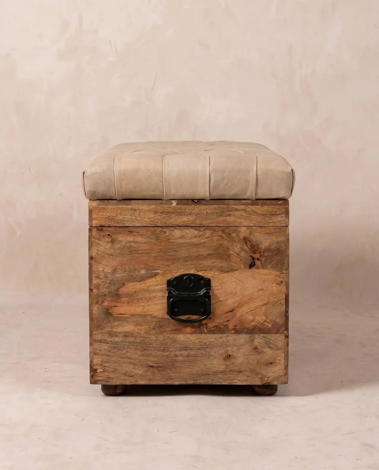 Beige Buffalo Leather Storage Trunk in Solid Mango Wood