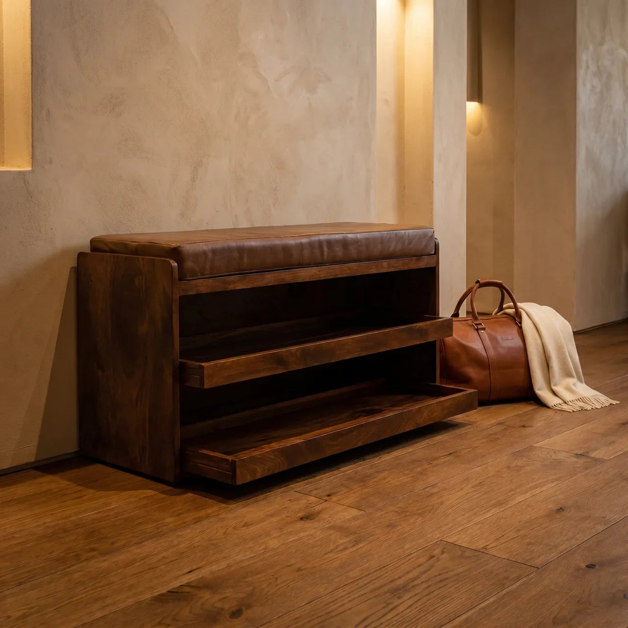Buffalo Hide Pull out Chestnut Shoe Storage Bench