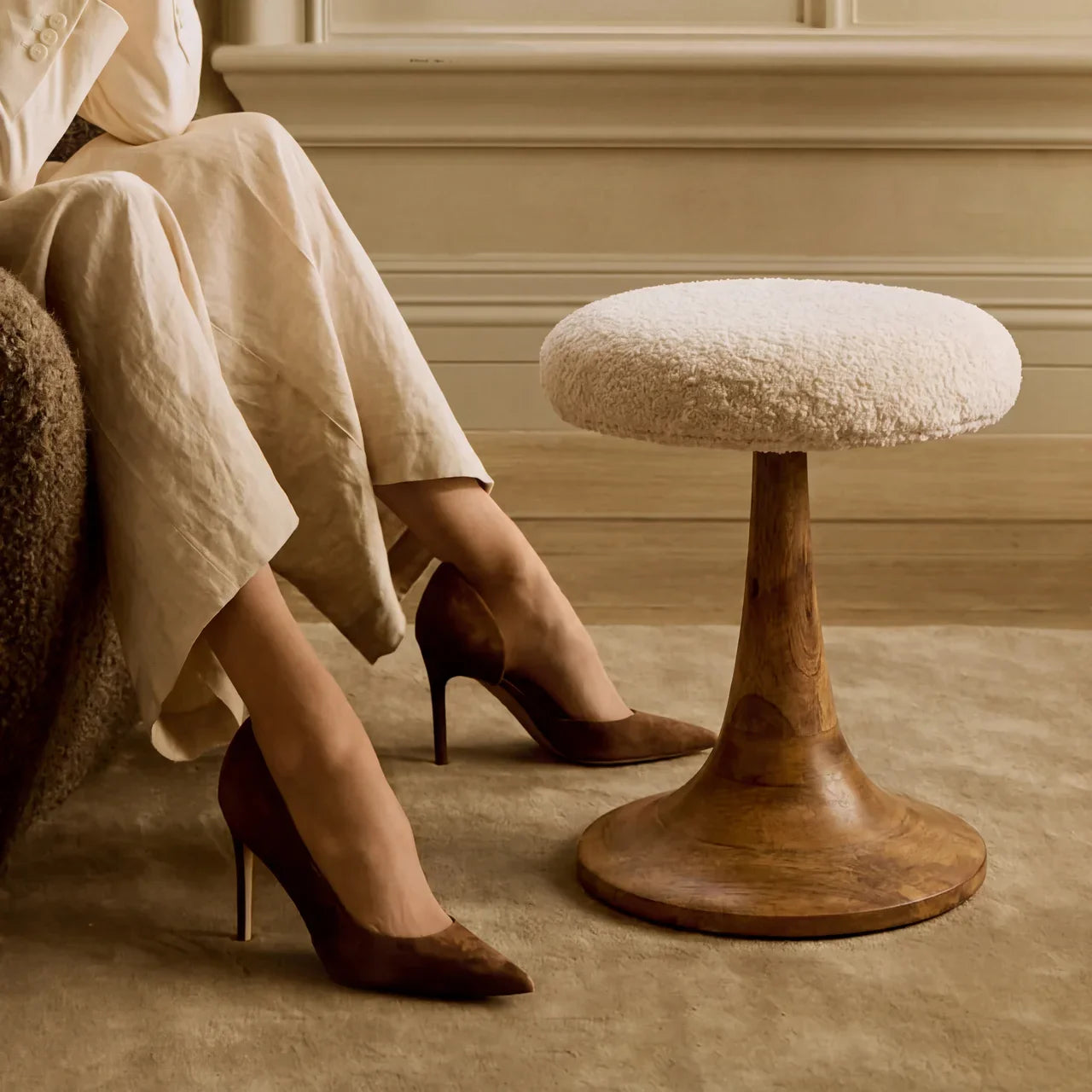 Boucle Teak Accent Stool