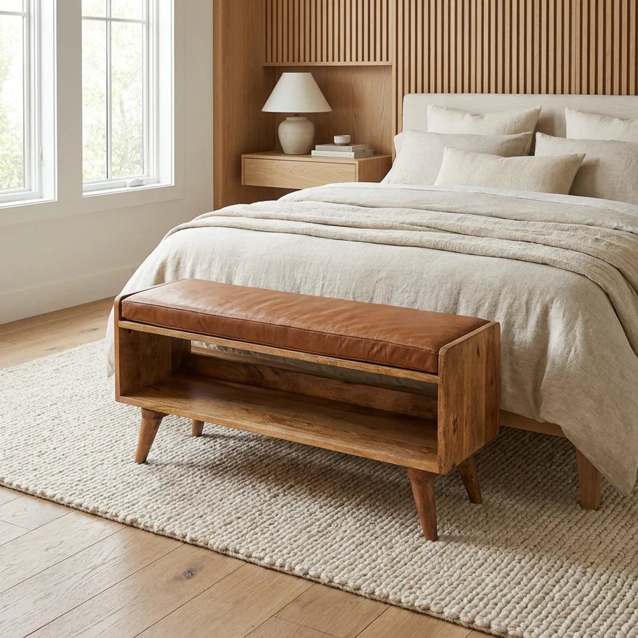 Oak-ish Bench with Tan Leather Seatpad