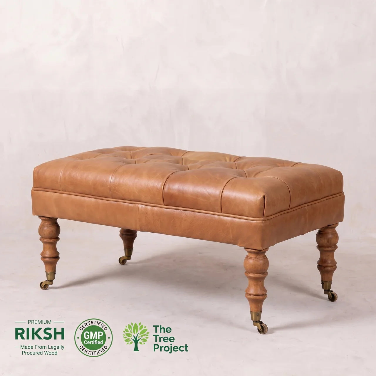 Tan Buffalo Leather Ottoman with Castor Legs — Solid Mango Wood