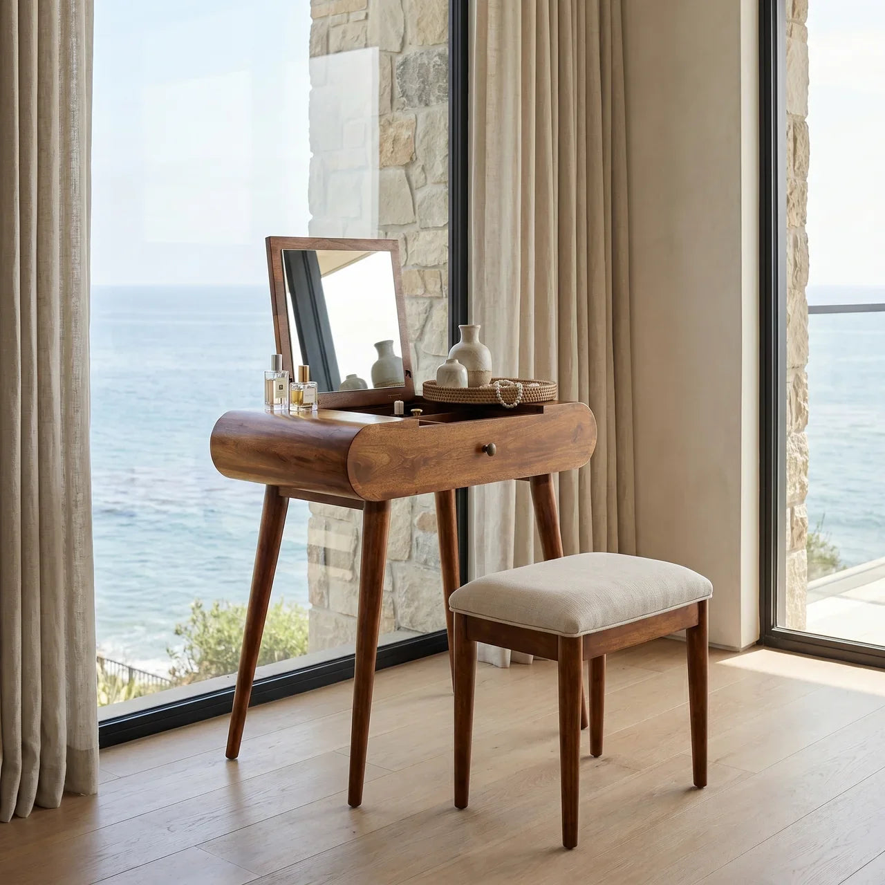 Mini Honey Caramel Dressing Table with Foldable Mirror