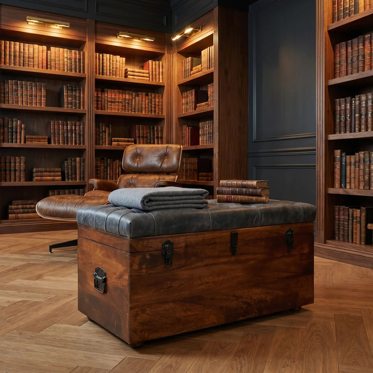 Black Buffalo hide leather Storage Trunk
