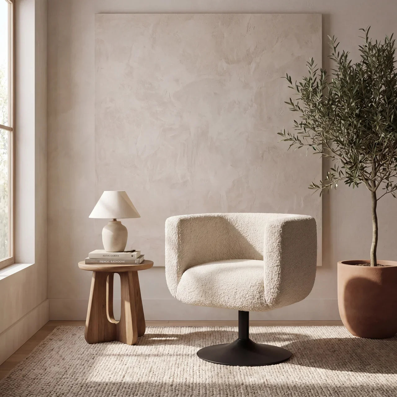 Cream Boucle Swivel Chair