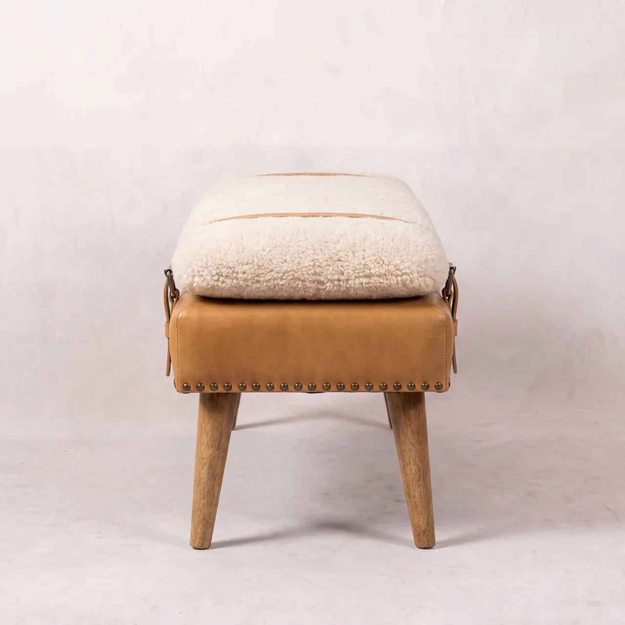 Bouclé Buffalo Hide Tan Leather Bench
