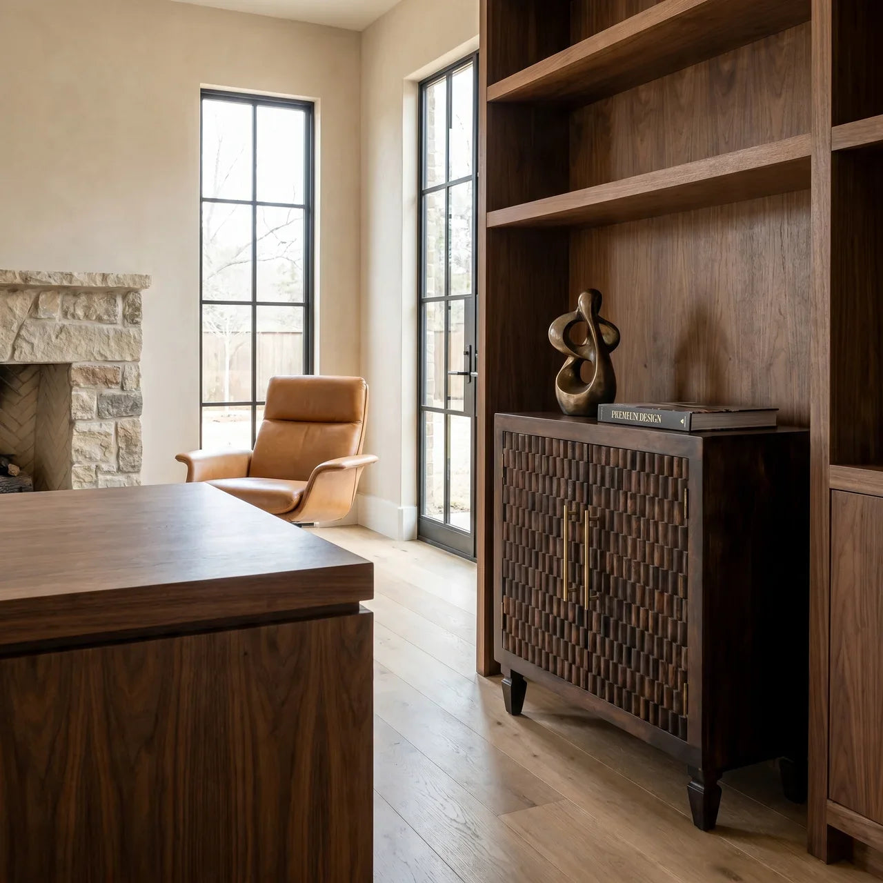 Solid Wood Velvet Mocha Carved Panel Cabinet