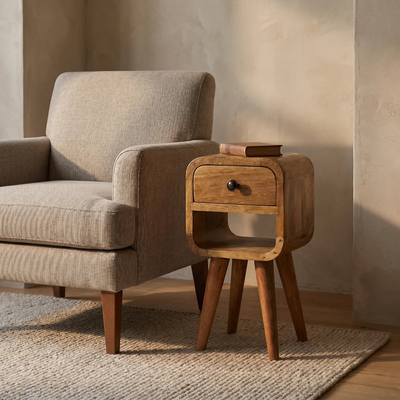Extra Mini Oak-ish Mango Wood Bedside Table with Drawer