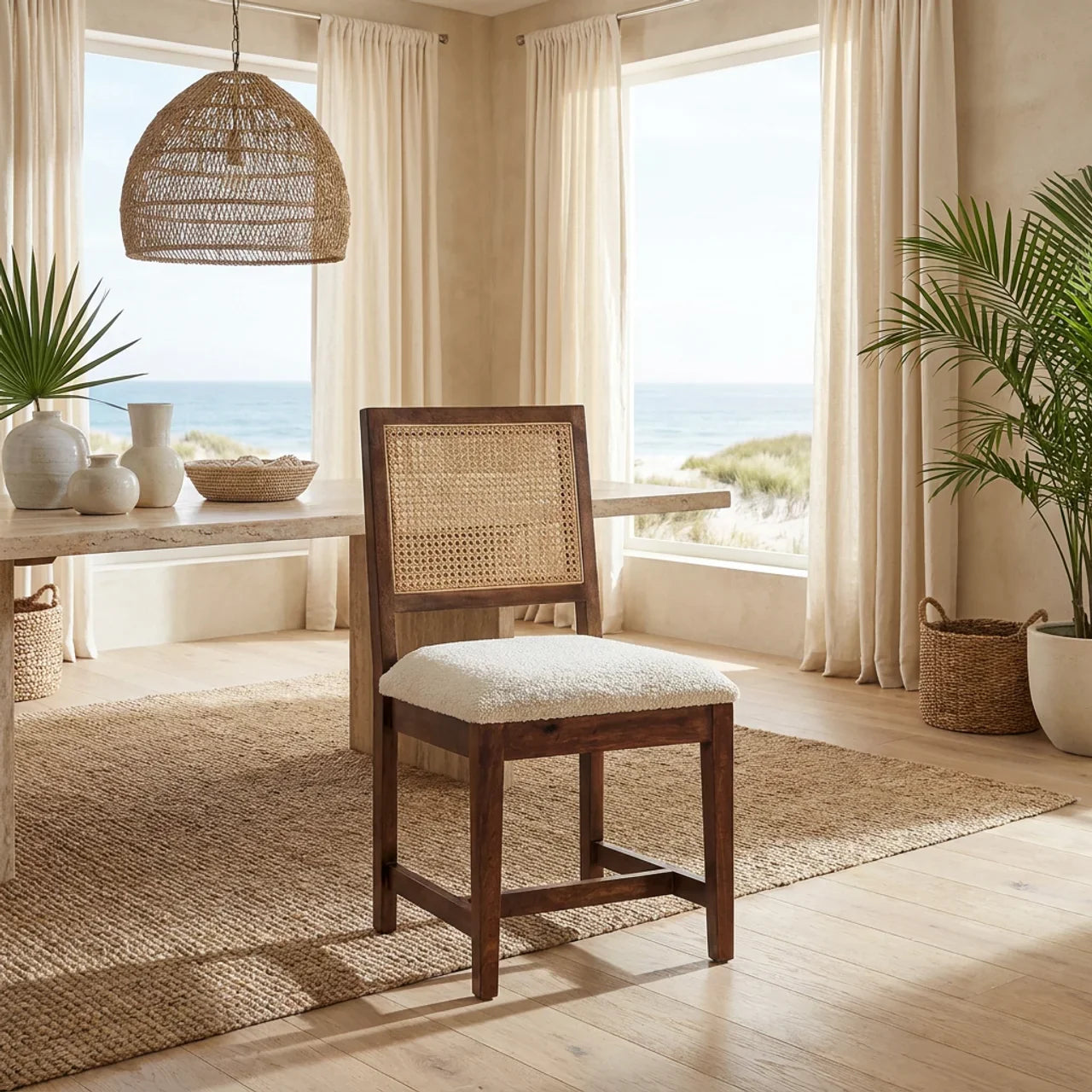 Cream Boucle Rattan Chair