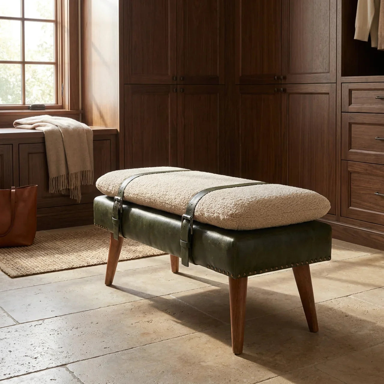 Bouclé Buffalo Hide Olive Green Leather Bench